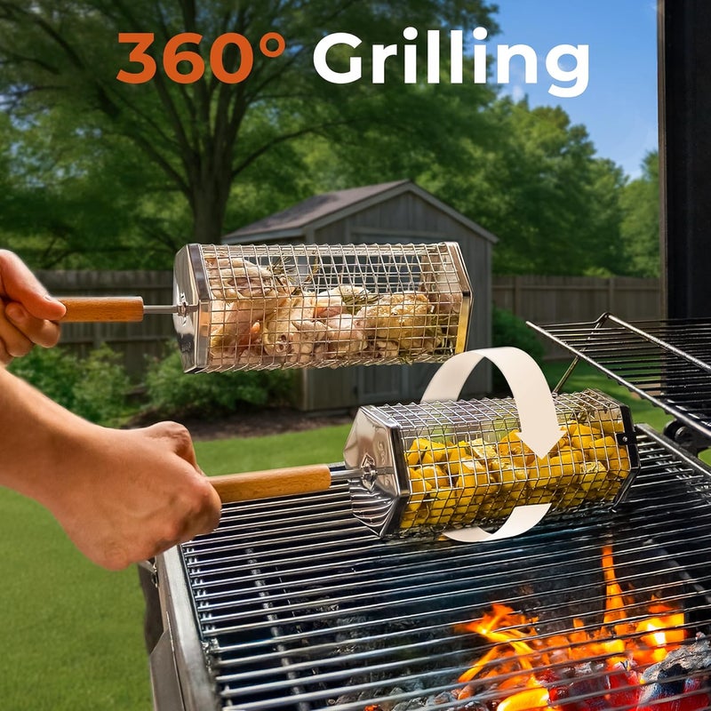 Otawe 2 Pack Rolling Grill Basket – Stainless Steel Grilling Basket with Lid and Removable Wooden Handle – BBQ Accessories for Vegetables, Shrimp, Meat – Outdoor Cooking Gift for Dad or Husband – - Image 2